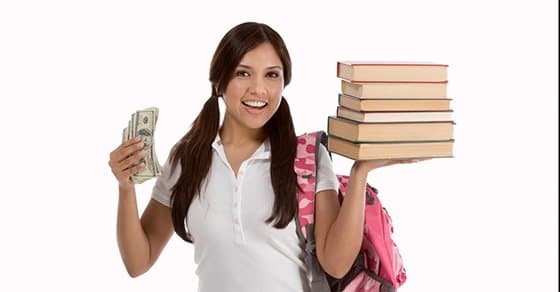 girl carrying books and money