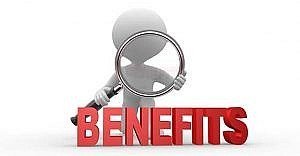 stick man holding magnifying glass over the word "benefits"