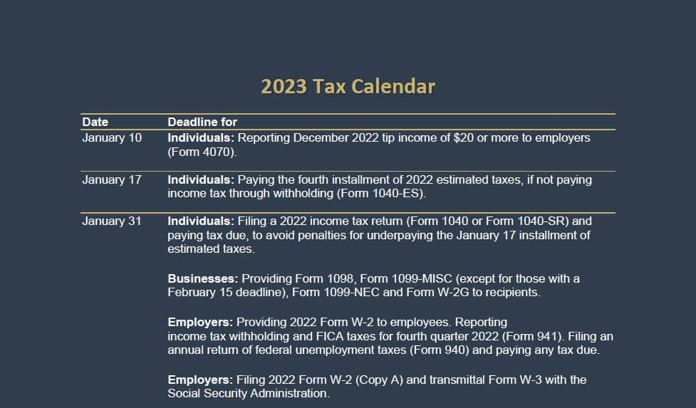 Tax calendar header